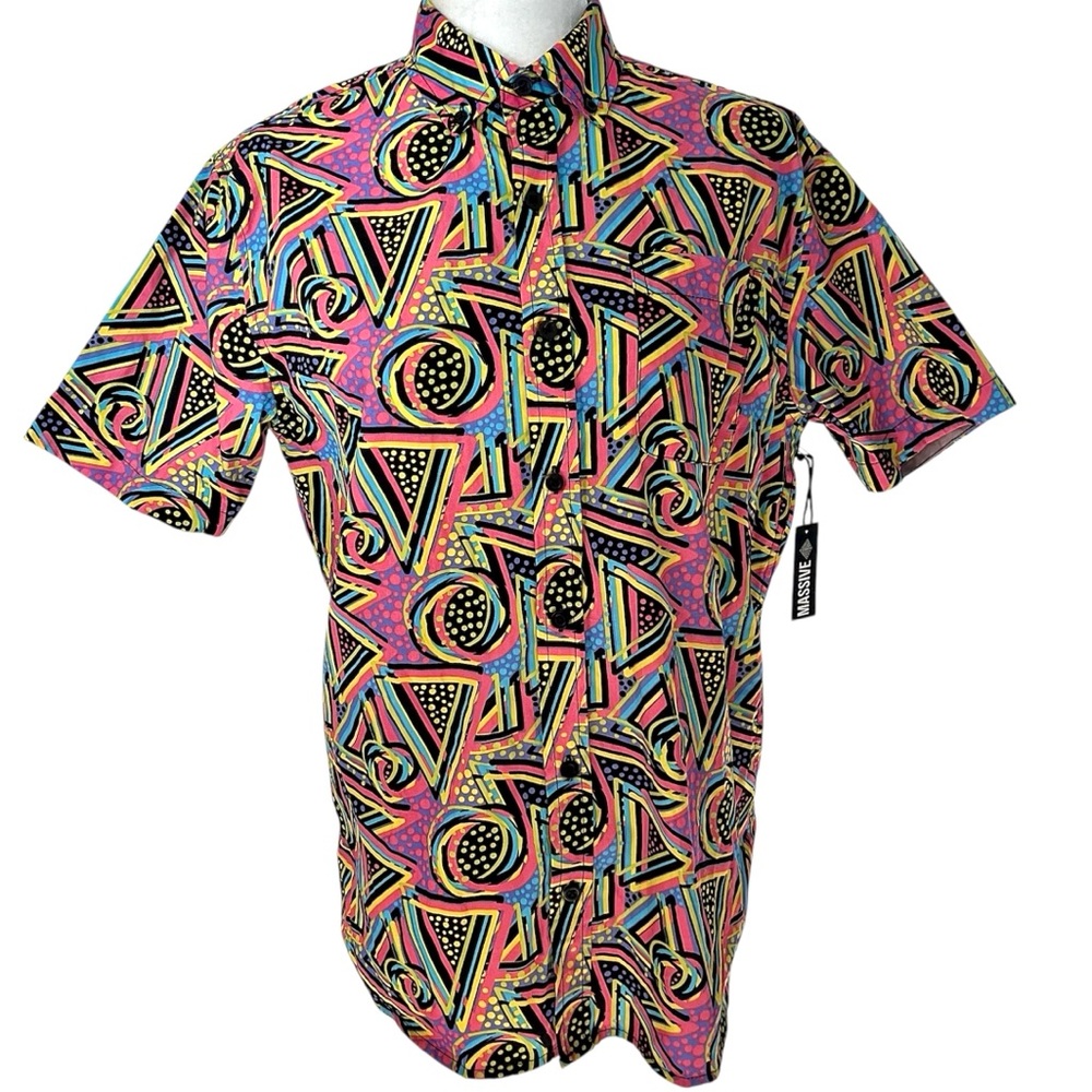 Super Massive retro 90’s Vapor Wave collared colorful geometric shirt cotton S - Picture 2 of 8